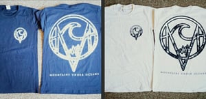 Image of Navy Mountains Under Oceans T-Shirt, White Ink, Pocket and Full Back Design