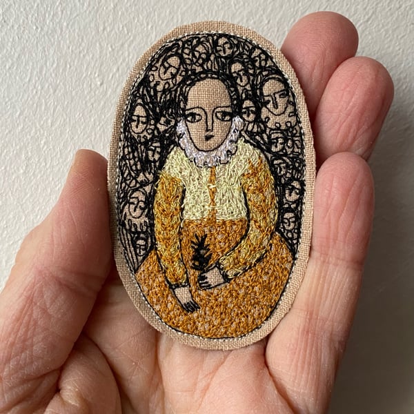 Image of Portrait of a fine woman in yellow-golds - embroidery portrait brooch 