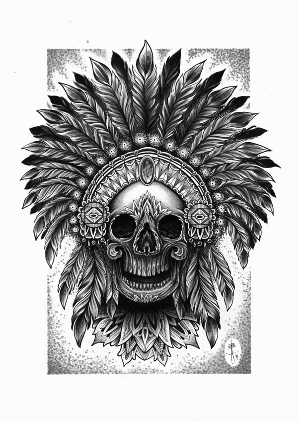 Image of INDIAN HEADDRESS SKULL MANDALA GEOMETRIC PRINT