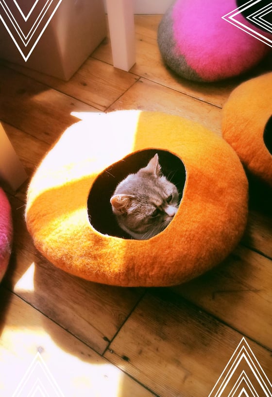 Image of Cat Cave/ cat bed- handmade felt- Orange /Grey size M and L