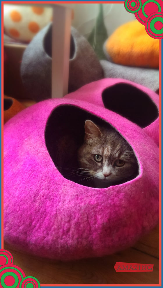 Image of Cat Cave/ cat bed- handmade felt- Pink /Grey size M and L