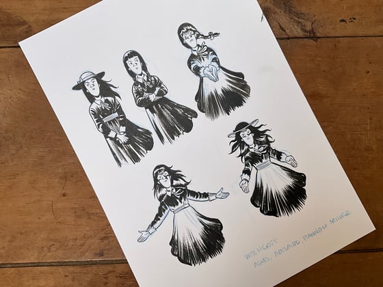 Image of Agnes, Adelaide and Hannah Miller. Original art ofr the Witchcraft game.