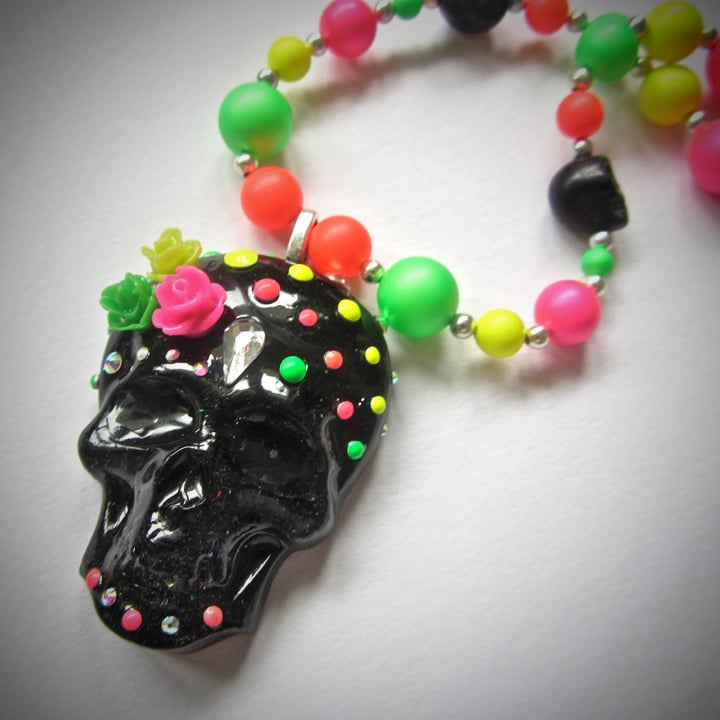 Black & Neon Sugar Skull  Beaded Necklace  * ON SALE - Was £22 now £15 *