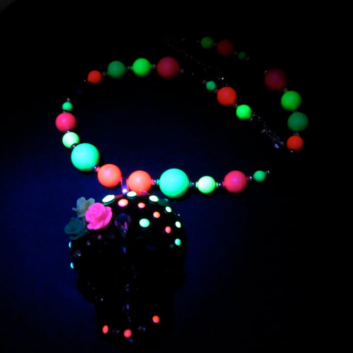 Black & Neon Sugar Skull  Beaded Necklace  * ON SALE - Was £22 now £15 *
