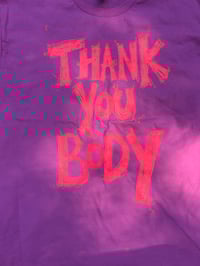 Image 1 of Gentle Pink T Shirt with Orange fluro peachy text (Large)