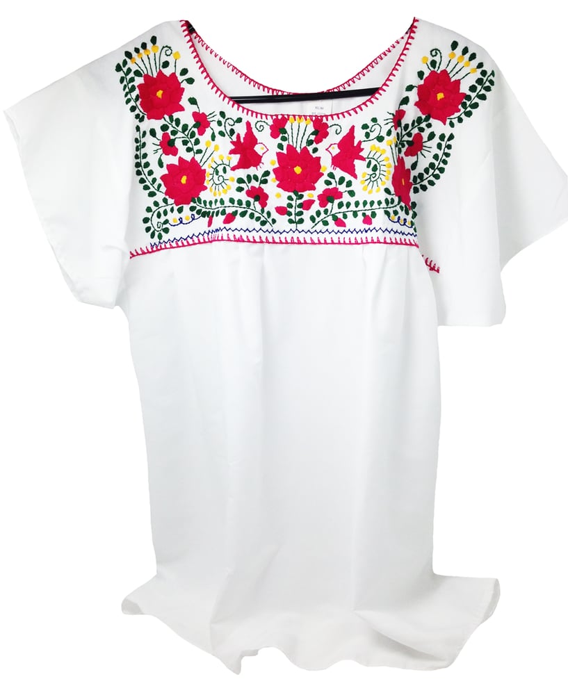 Image of White/Hot Pink Mexican Embroidered Blouse-Medium