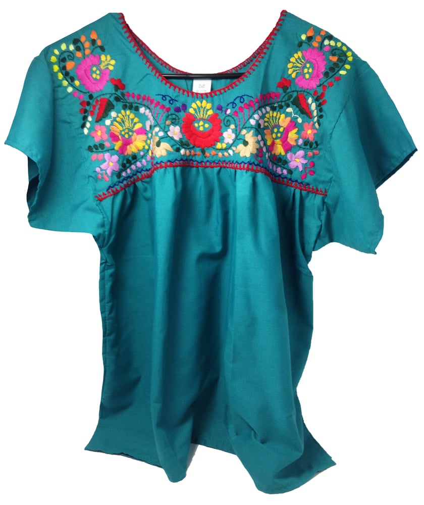 Image of Teal Green Mexican Embroidered Blouse-Medium