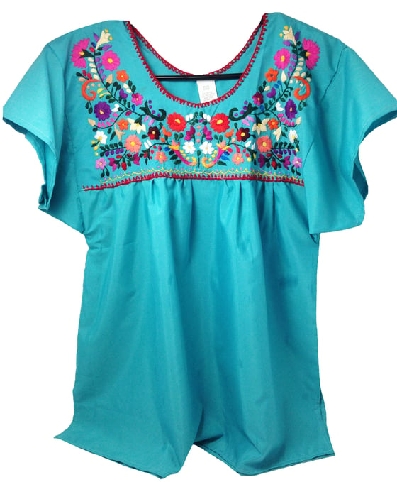 Image of Turquoise Mexican Embroidered Blouse-Small