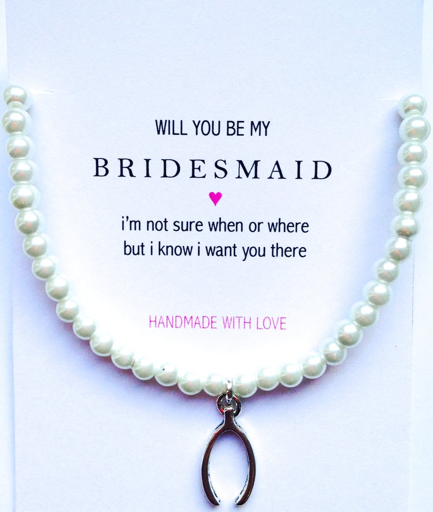 Image of "Will You Be My Bridesmaid" Pearl Bracelet -  Wishbone Charm  