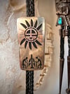 Hopi Silversmith Edward Lomahongva Sterling Silver Overlay Bolo Tie with Corn and Hopi Sun Face