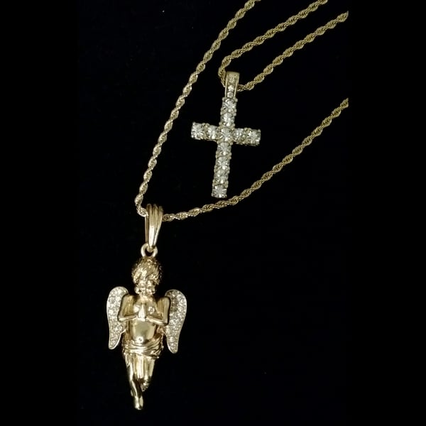 Image of Gold Cross and Angel on Rope chain