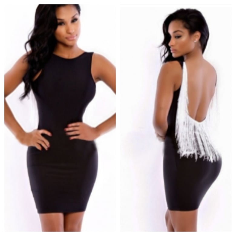 Image of Black Mini Dress with White Fringed Open Back