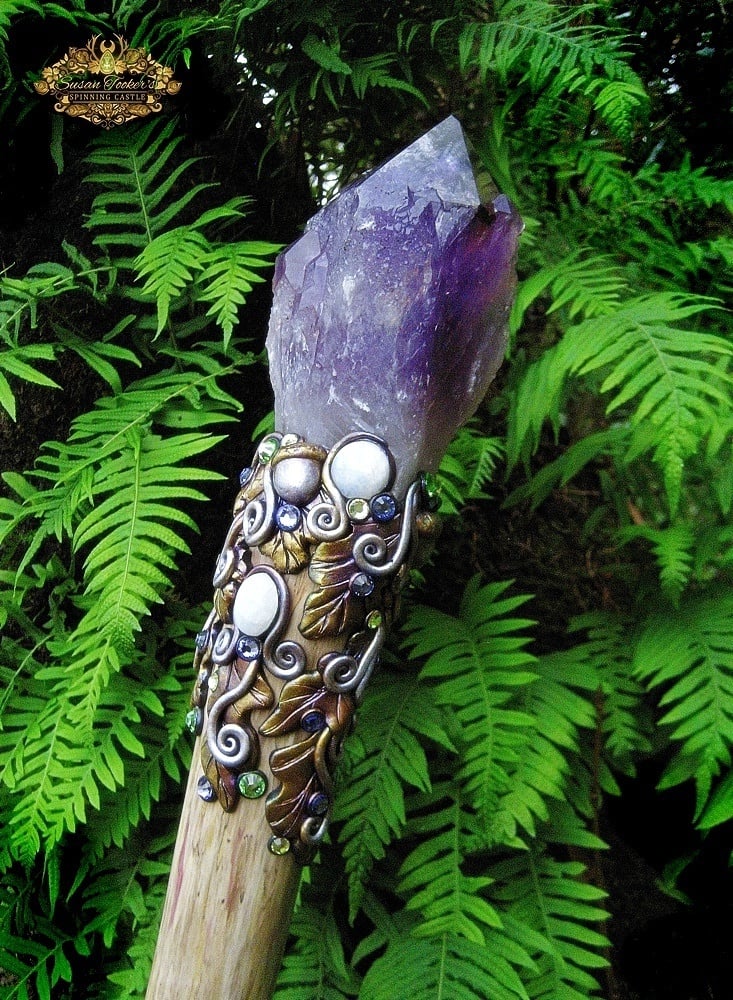 Image of AMARANTHINE DREAMS - Amethyst Quartz Crystal Magick Staff Moonstone Druid Wizard Witch Walking Stick