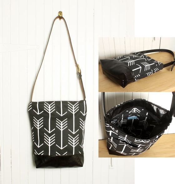 Image of Shoulder Bag Tote in Black and White Arrow with Vegan Leather Vinyl
