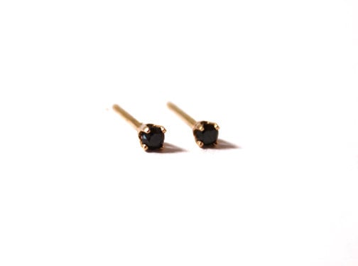 Image of Tiny Black Diamond Stud Earrings (14K yellow gold)