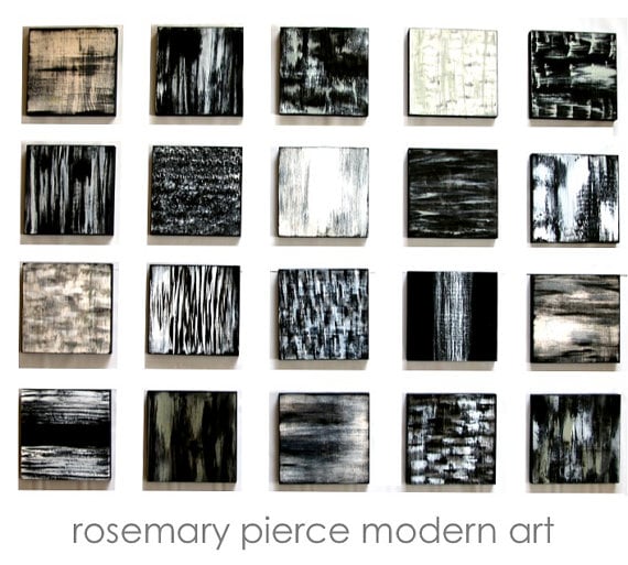 Image of 'POETIC 20 IN BLACK, WHITE, SILVER & WOOD' | Painted Wood Blocks Art | Black and White Wall Decor