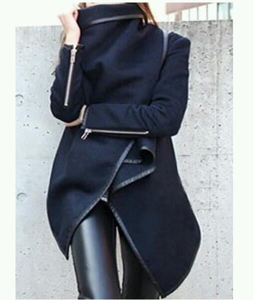 Image of Black  Stylish Wool Asymmetric Coat