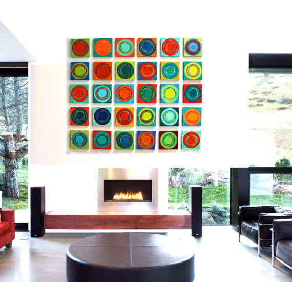 Image of 'DANCING CIRCLES 30' | Painted Wood Wall Sculpture | Geometric Wall Art | Colorful Wall Decor