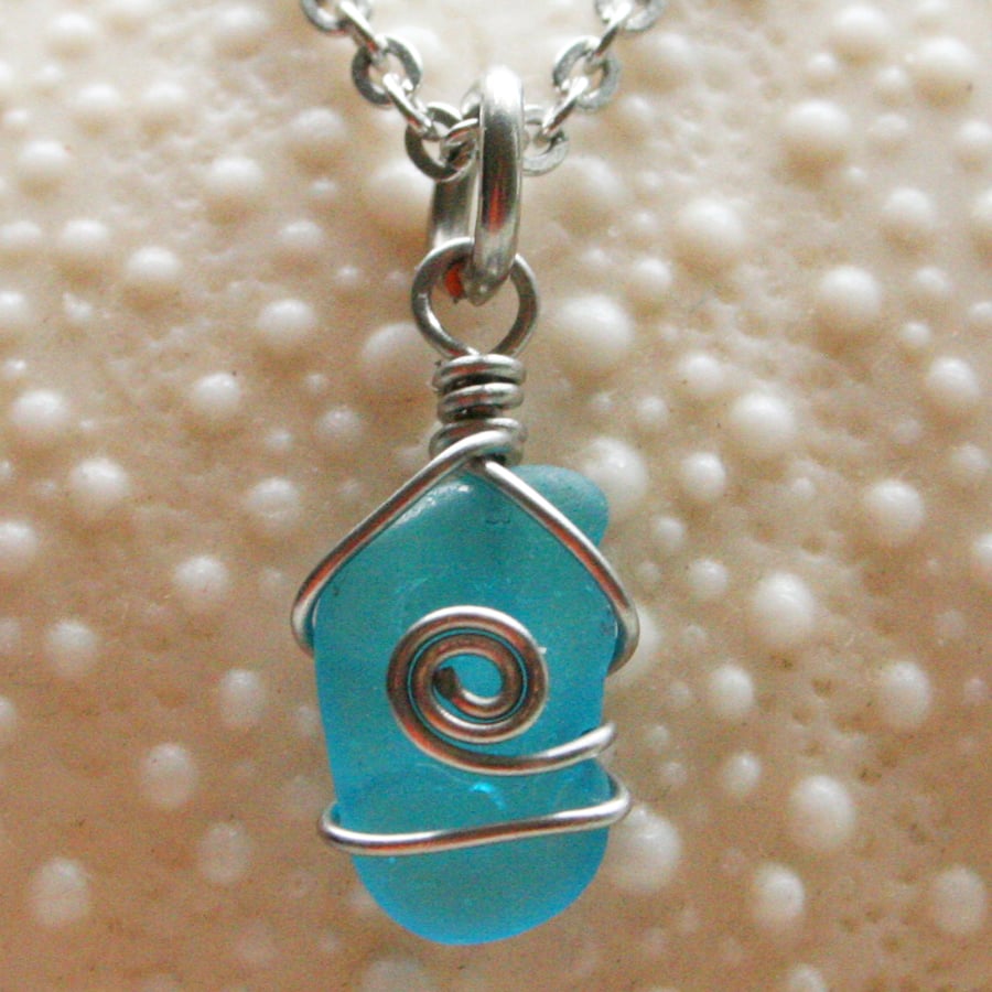 Image of Very rare teeny tiny turquoise sea glass pendant necklace