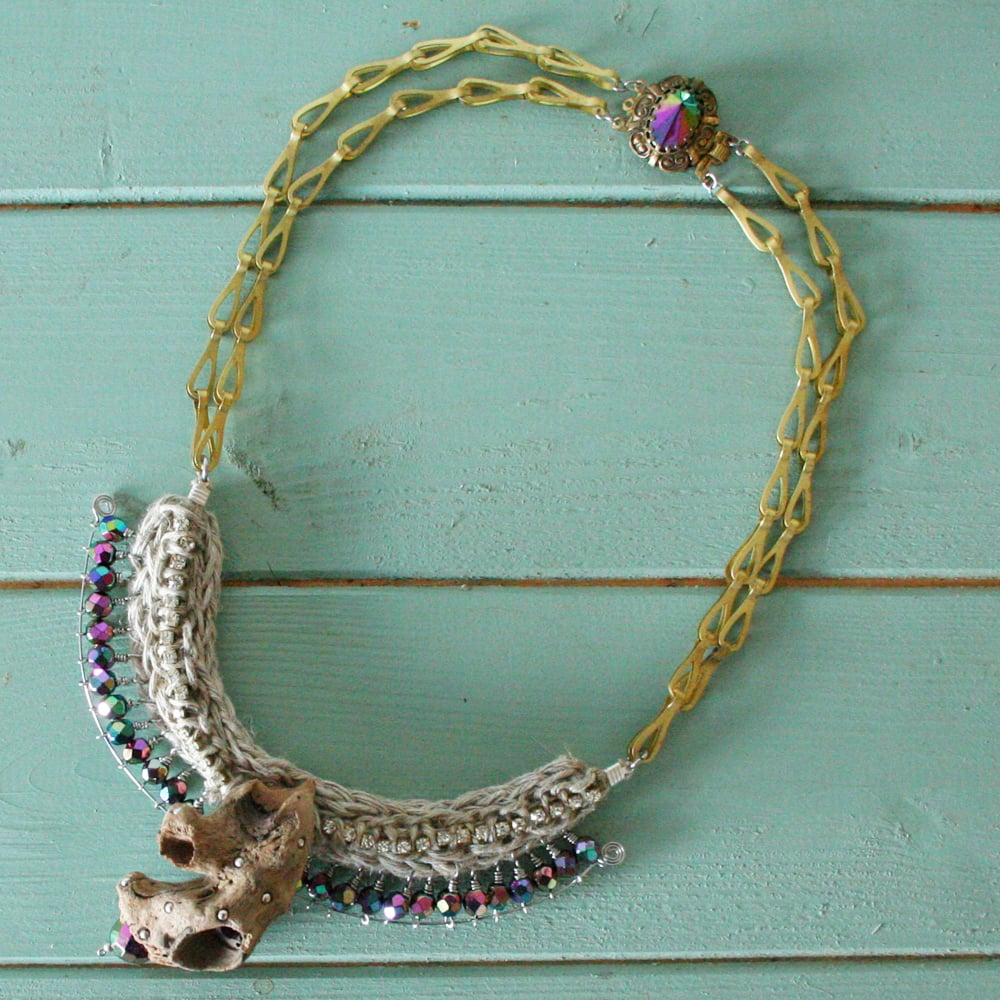 Image of Tribal driftwood hemp sparkly crystal statement beach necklace