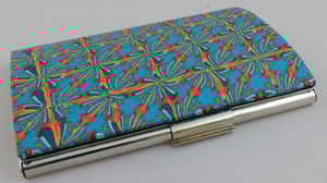 Image of Aqua, orange, and deep yellow geometric polymer business card case (Mawr Rhys Collection)