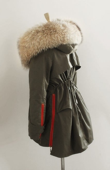 Image of Army Parka Jacket with Real Fur Hood Red Zipper Detail