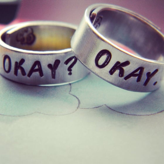 Image of okay, okay? hand stamped pair of aluminum rings