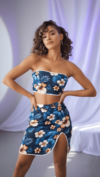 Image 1 of Women's Tube Top and Slit Skirt- Blue Hibiscus Print