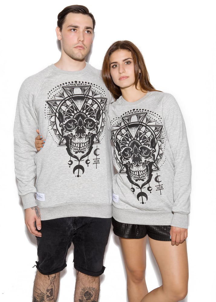 Image of Skull Mandala grey sweatshirt designed by Monika Boo