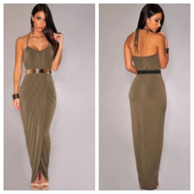 Image of Draped Halter Dress with Gold Belt