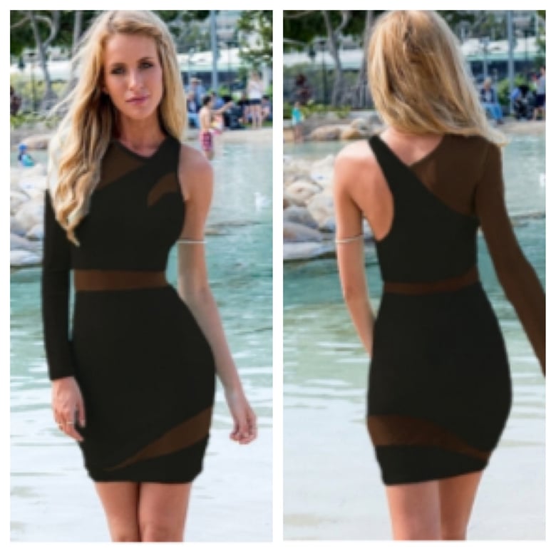 Image of Black One Sleeve Asymmetric Dress with Mesh
