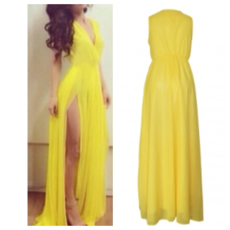 Image of Yellow Elegant V Neck Chiffon Maxi Dress with Split