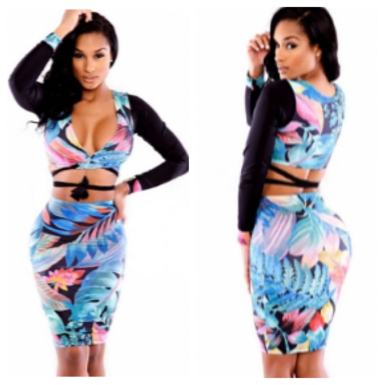 Image of Leave Print Wrap Skirt and Top