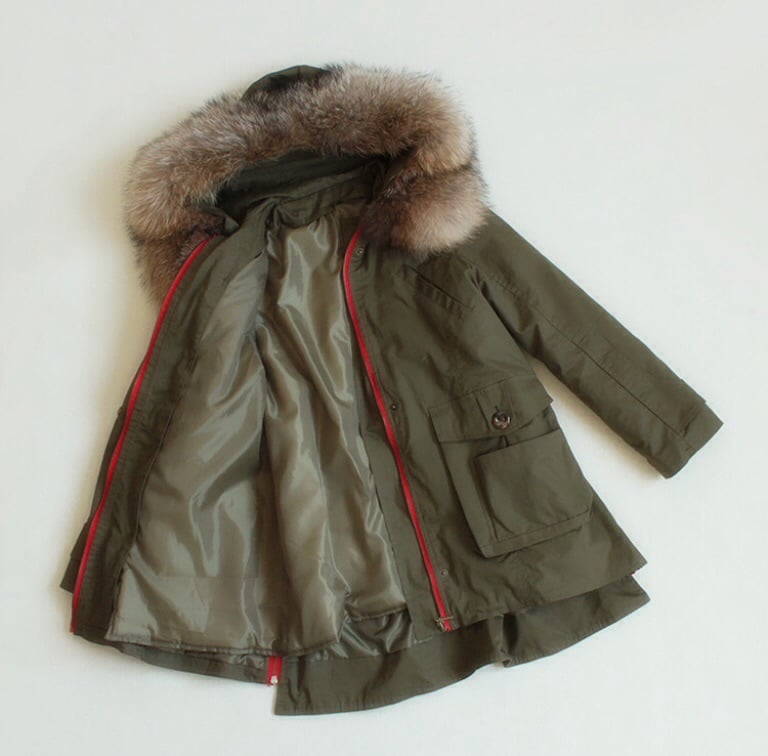 Image of Army Parka Jacket with Real Fur Hood Red Zipper Detail