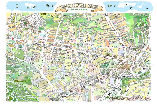 Image of Highland Park CA Hand-Drawn Map Print