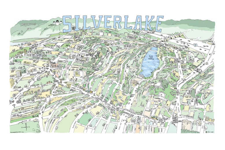 Image of Silver Lake CA Hand-Drawn Map Print