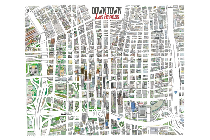 Downtown L A Hand Drawn Map Print Tom Lamb Maps