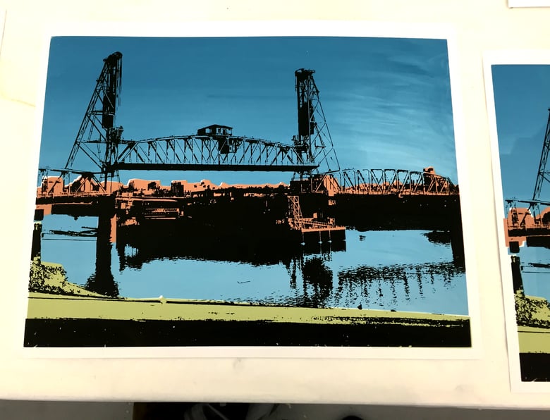 Image of "Barge Under the Bridge" hand pulled Screen Print