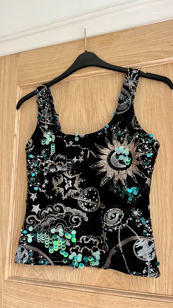 The Universe Top. Heavily embellished cosmic, star, sun and moon sequin top