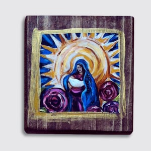 Image of madonna and child print on wood and paper