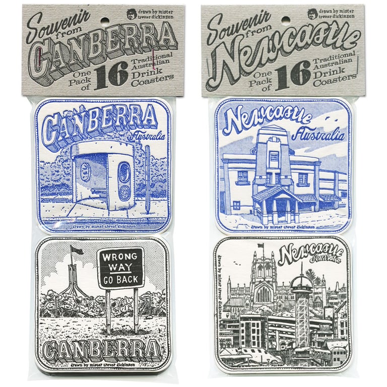 16 Letterpress Coasters from Canberra and Newcastle