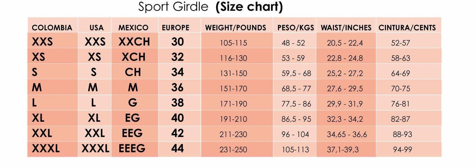 Verox Waist Trainer Size Chart