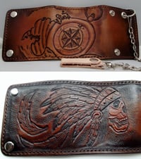 Image 1 of Custom Hand Tooled Leather trifold Wallet. Your image/design or idea. Chain Wallet. Biker Wallet.