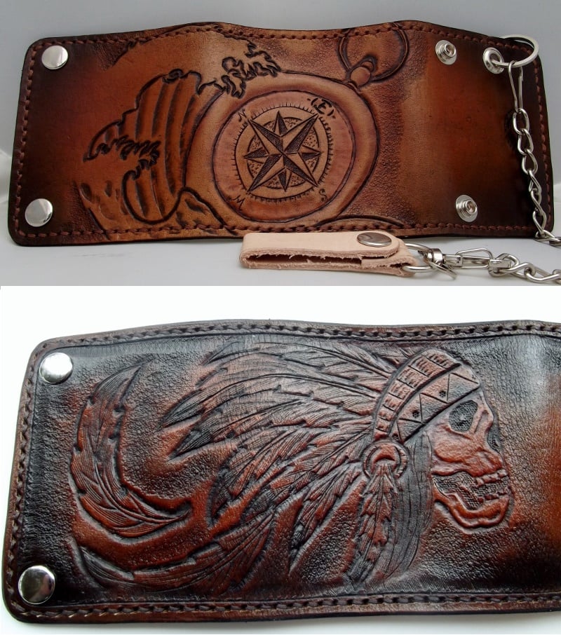 Image of Custom Hand Tooled Leather trifold Wallet. Your image/design or idea. Chain Wallet. Biker Wallet.