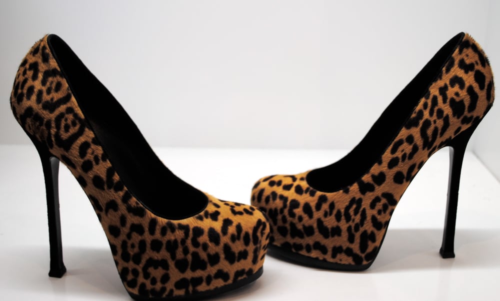 Image of Saint Laurent "Tribtoo" Leopard Pony Hair Platform Heels