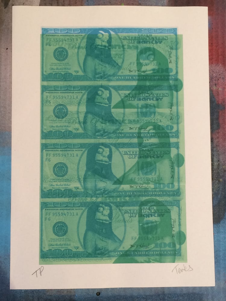 Image of THE REAL BANKSY STERLING NOTES / DOLLARS TEST PRINT by Tevés