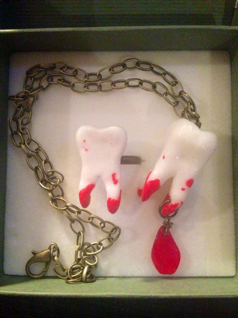 Image of Bleeding tooth molar necklace and ring set. Polymer clay fimo jewellery