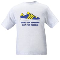 Image 1 of Made For Standing Not Running Blue & Yellow Design T-Shirt.