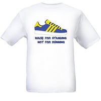 Image 2 of Made For Standing Not Running Blue & Yellow Design T-Shirt.