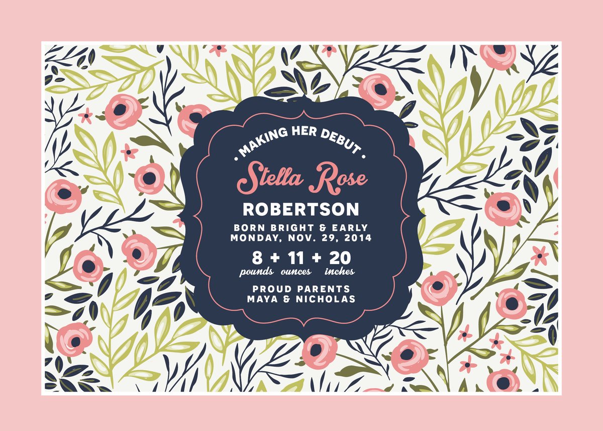 Navy and Pink Floral Baby Announcement